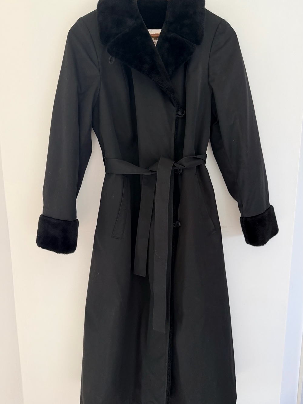 London Fog Black Trench Coat with Faux Fur Collar and Cuffs